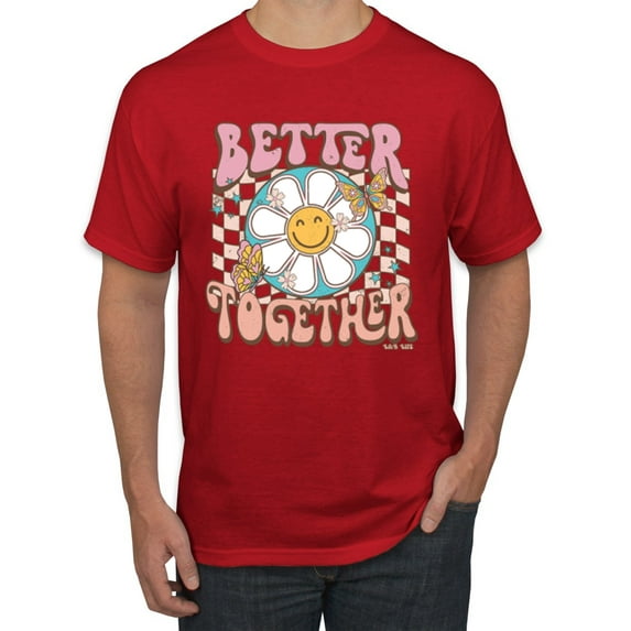 Wild Bobby Retro Better Together Daisy Smiley Face Checkered Background Vintage Men Tee, Red, XX-Large