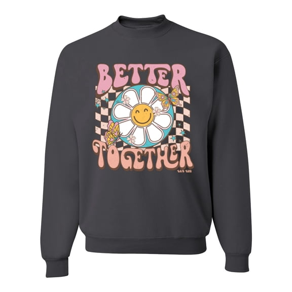 Wild Bobby Retro Better Together Daisy Smiley Face Checkered Background Vintage Unisex Crewneck Sweatshirt, Charcoal, X-Large