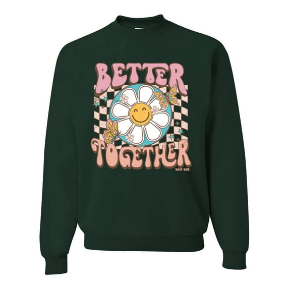 Wild Bobby Retro Better Together Daisy Smiley Face Checkered Background Vintage Unisex Crewneck Sweatshirt, Forest Green, 3X-Large