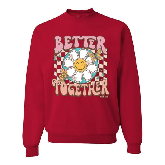 Wild Bobby Retro Better Together Daisy Smiley Face Checkered Background Vintage Unisex Crewneck Sweatshirt, Red, X-Large