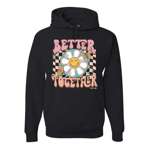 Wild Bobby Retro Better Together Daisy Smiley Face Checkered Background Vintage Unisex Hoodie Sweatshirt, Black, Small
