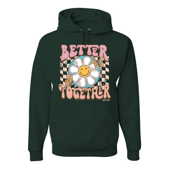 Wild Bobby Retro Better Together Daisy Smiley Face Checkered Background Vintage Unisex Hoodie Sweatshirt, Forest Green, X-Large