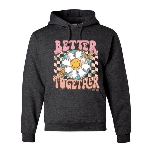 Wild Bobby Retro Better Together Daisy Smiley Face Checkered Background Vintage Unisex Hoodie Sweatshirt, Heather Black, X-Large