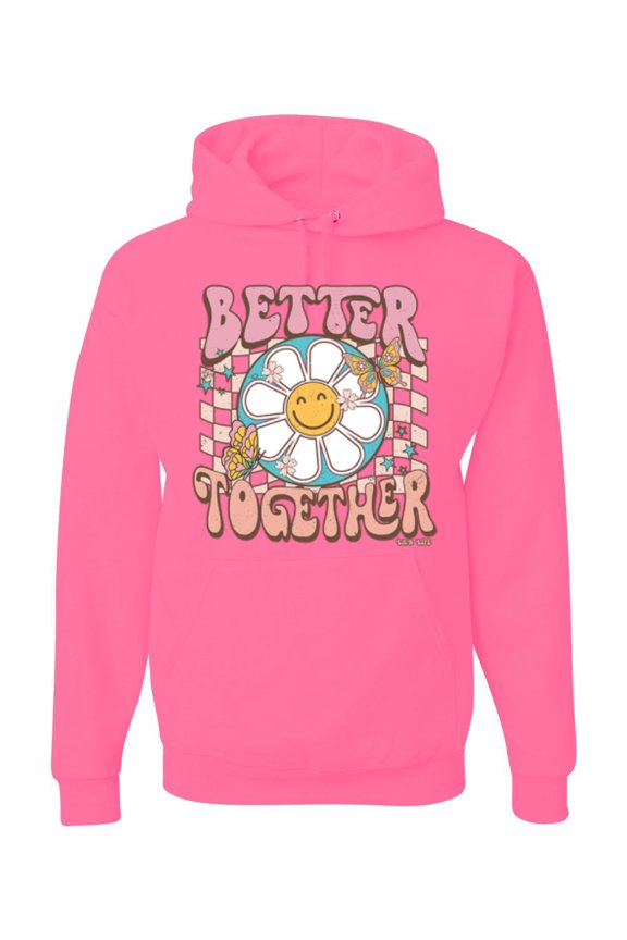 Retro Better Together Daisy Smiley Face Checkered Background Vintage Unisex Hoodie Sweatshirt, Neon Pink, Small
