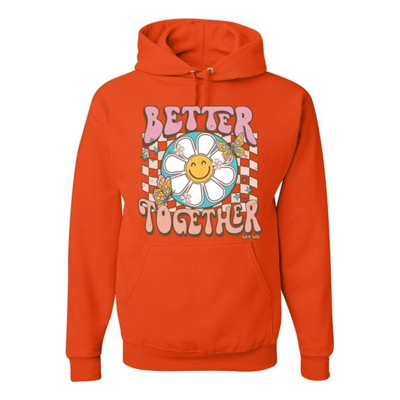 Wild Bobby Retro Better Together Daisy Smiley Face Checkered Background Vintage Unisex Hoodie Sweatshirt, Orange, Medium