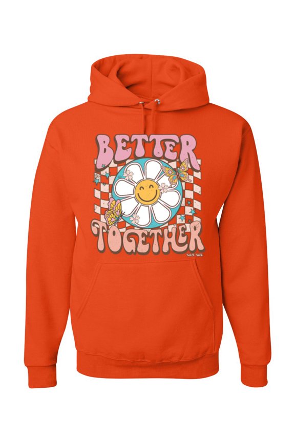Retro Better Together Daisy Smiley Face Checkered Background Vintage Unisex Hoodie Sweatshirt, Orange, XX-Large