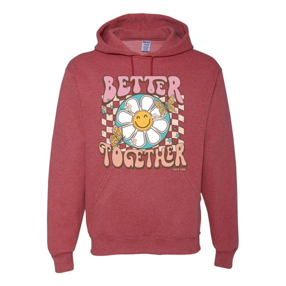Wild Bobby Retro Better Together Daisy Smiley Face Checkered Background Vintage Unisex Hoodie Sweatshirt, Vintage Heather Red, Large