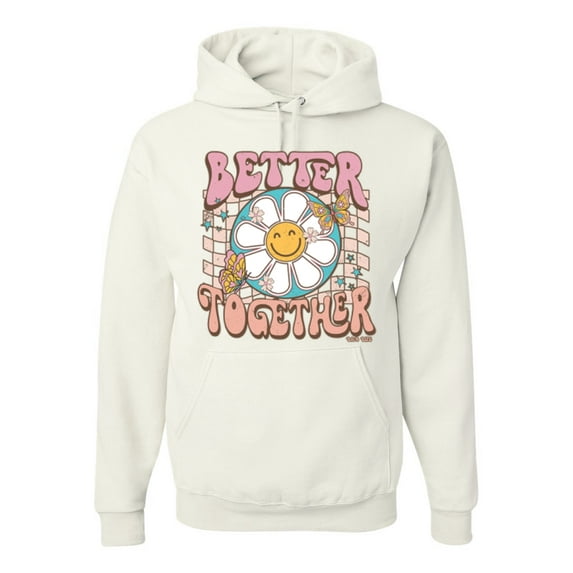Wild Bobby Retro Better Together Daisy Smiley Face Checkered Background Vintage Unisex Hoodie Sweatshirt, White, 3X-Large