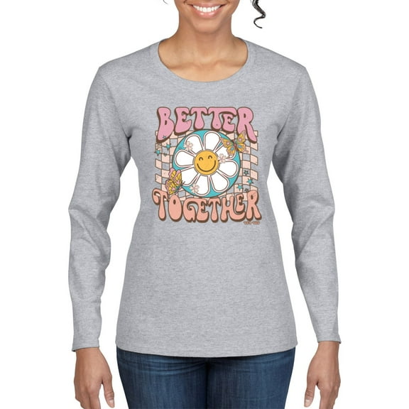 Wild Bobby Retro Better Together Daisy Smiley Face Checkered Background Vintage Women Graphic Long Sleeve Tee, Heather Grey, Small
