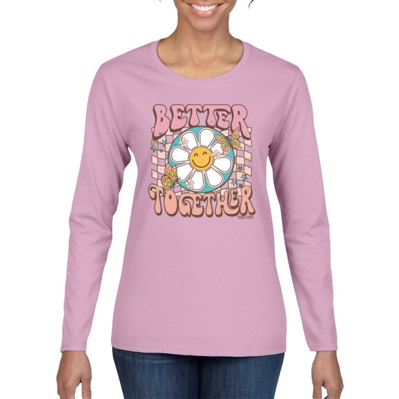 Wild Bobby Retro Better Together Daisy Smiley Face Checkered Background Vintage Women Graphic Long Sleeve Tee, Light Pink, Large
