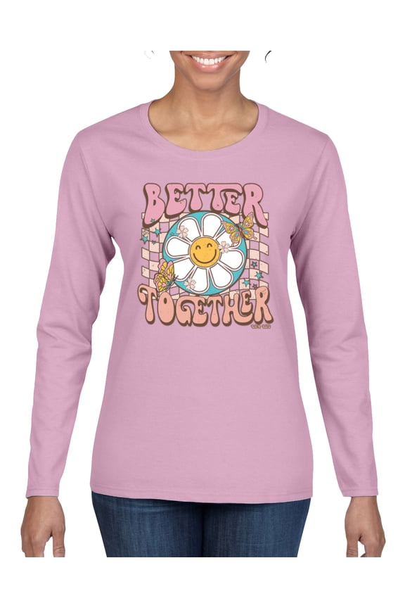 Retro Better Together Daisy Smiley Face Checkered Background Vintage Women Graphic Long Sleeve Tee, Light Pink, Small