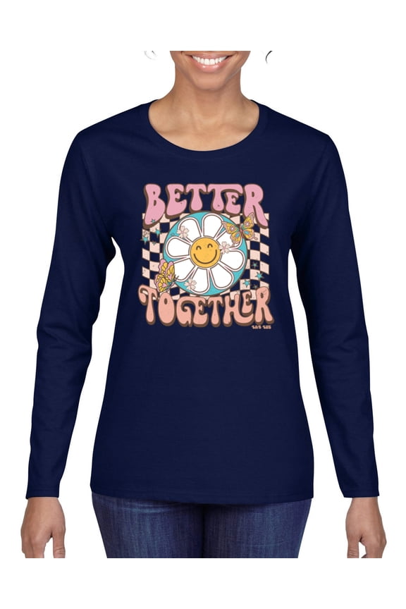 Retro Better Together Daisy Smiley Face Checkered Background Vintage Women Graphic Long Sleeve Tee, Navy, XX-Large