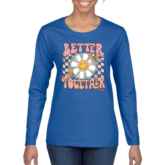 Wild Bobby Retro Better Together Daisy Smiley Face Checkered Background Vintage Women Graphic Long Sleeve Tee, Royal, Medium