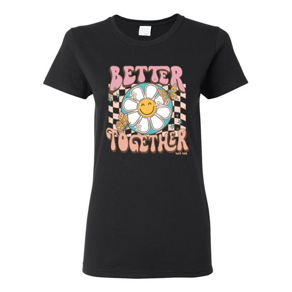 Wild Bobby Retro Better Together Daisy Smiley Face Checkered Background Vintage Women Graphic Tee, Black, Small