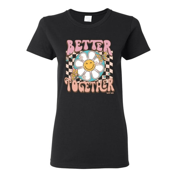 Wild Bobby Retro Better Together Daisy Smiley Face Checkered Background Vintage Women Graphic Tee, Black, Small