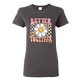 thumbnail image 1 of Wild Bobby Retro Better Together Daisy Smiley Face Checkered Background Vintage Women Graphic Tee, Charcoal, XX-Large, 1 of 6