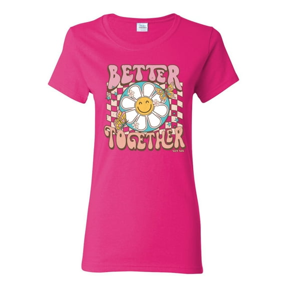 Wild Bobby Retro Better Together Daisy Smiley Face Checkered Background Vintage Women Graphic Tee, Fuschia, 3X-Large