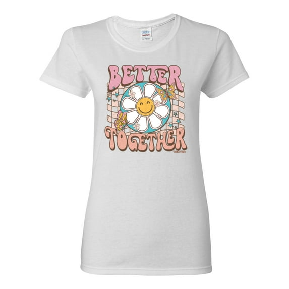 Wild Bobby Retro Better Together Daisy Smiley Face Checkered Background Vintage Women Graphic Tee, White, XX-Large