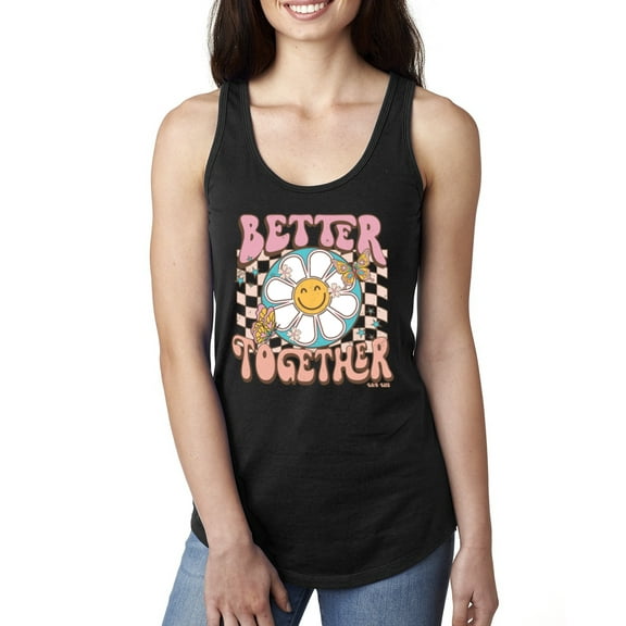 Wild Bobby Retro Better Together Daisy Smiley Face Checkered Background Vintage Women Racerback Tank Top, Black, Small