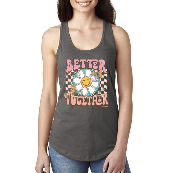 Wild Bobby Retro Better Together Daisy Smiley Face Checkered Background Vintage Women Racerback Tank Top, Dark Grey, Medium