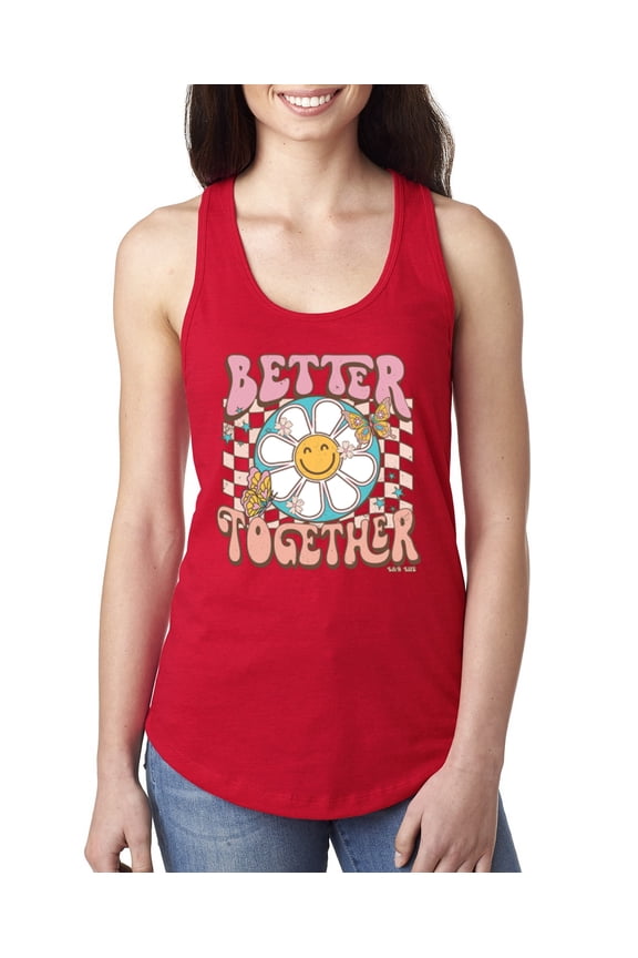 Retro Better Together Daisy Smiley Face Checkered Background Vintage Women Racerback Tank Top, Red, Large