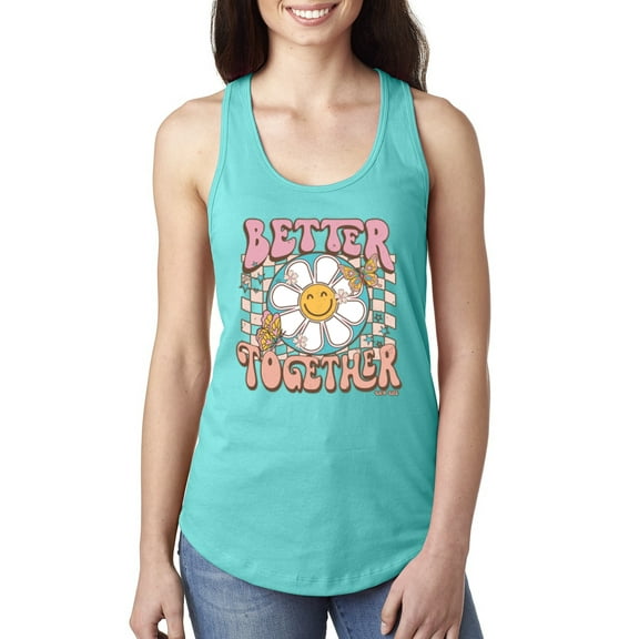 Wild Bobby Retro Better Together Daisy Smiley Face Checkered Background Vintage Women Racerback Tank Top, Tahiti Blue, Small