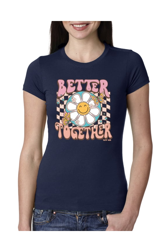 Retro Better Together Daisy Smiley Face Checkered Background Vintage Women Slim Fit Junior Tee, Navy, Small