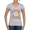 thumbnail image 1 of Wild Bobby Retro Better Together Daisy Smiley Face Checkered Background Vintage Women Standard V-Neck Tee, Heather Grey, X-Large, 1 of 6
