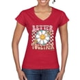 thumbnail image 1 of Wild Bobby Retro Better Together Daisy Smiley Face Checkered Background Vintage Women Standard V-Neck Tee, Red, Medium, 1 of 6