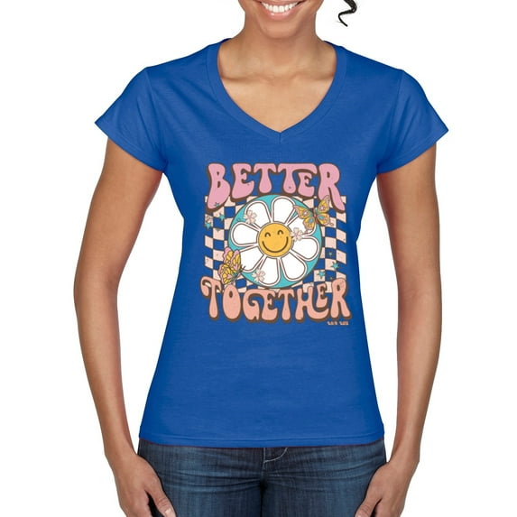 Wild Bobby Retro Better Together Daisy Smiley Face Checkered Background Vintage Women Standard V-Neck Tee, Royal, Medium