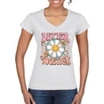 thumbnail image 1 of Wild Bobby Retro Better Together Daisy Smiley Face Checkered Background Vintage Women Standard V-Neck Tee, White, X-Large, 1 of 6