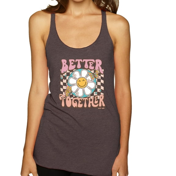 Wild Bobby Retro Better Together Daisy Smiley Face Checkered Background Vintage Women Tri-Blend Racerback Tank Top, Brown, X-Large
