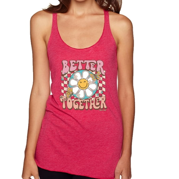 Wild Bobby Retro Better Together Daisy Smiley Face Checkered Background Vintage Women Tri-Blend Racerback Tank Top, Shocking Pink, Medium