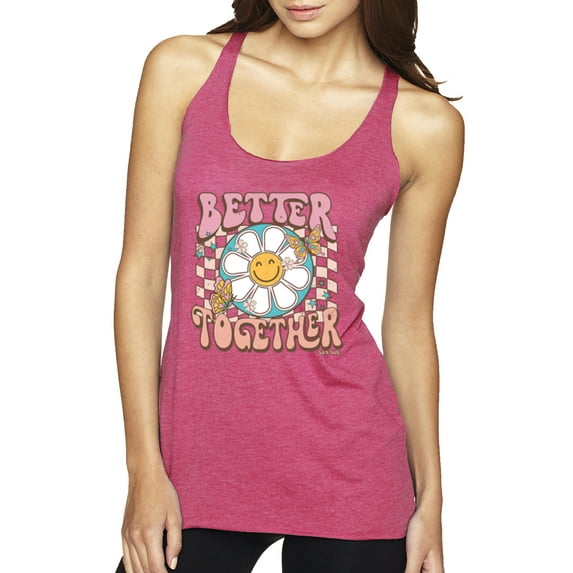 Wild Bobby Retro Better Together Daisy Smiley Face Checkered Background Vintage Women Tri-Blend Racerback Tank Top, Vintage Pink, Large