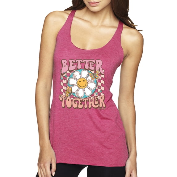 Wild Bobby Retro Better Together Daisy Smiley Face Checkered Background Vintage Women Tri-Blend Racerback Tank Top, Vintage Pink, X-Large