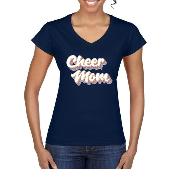 Wild Bobby Retro Cheer Mom Girl Sports Women Standard V-Neck Tee, Navy, Medium