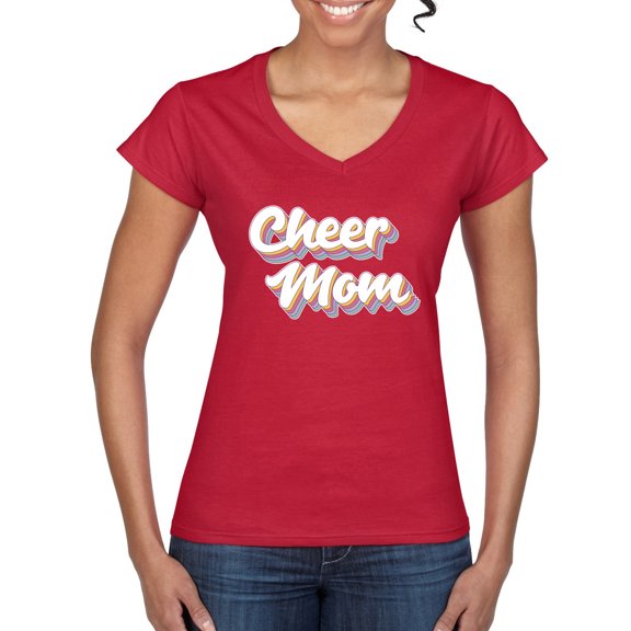 Wild Bobby Retro Cheer Mom Girl Sports Women Standard V-Neck Tee, Red, Medium