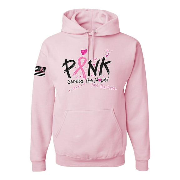 Wild Bobby, Ribbon Pink Spread the Hope Find the Cure USA Flag Sleeve Breast Cancer Awareness Unisex Graphic Hoodie Sweatshirt, Light Pink, Small