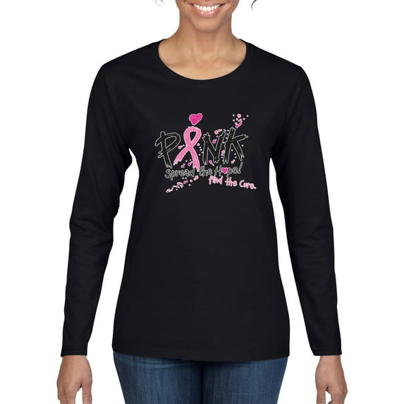 Wild Bobby Ribbon Pink Spread the Hope Find the Cure USA Flag Sleeve Breast Cancer Awareness Women Graphic Long Sleeve T-Shirt, Black, XX-Large