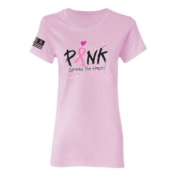 Wild Bobby Ribbon Pink Spread the Hope Find the Cure USA Flag Sleeve Breast Cancer Awareness Women Graphic Tee, Light Pink, Medium