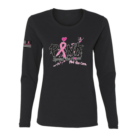 Wild Bobby, Ribbon Pink Spread the Hope Find the Cure USA Flag Sleeve Breast Cancer Awareness Women Long Sleeve Tee, Black, Small