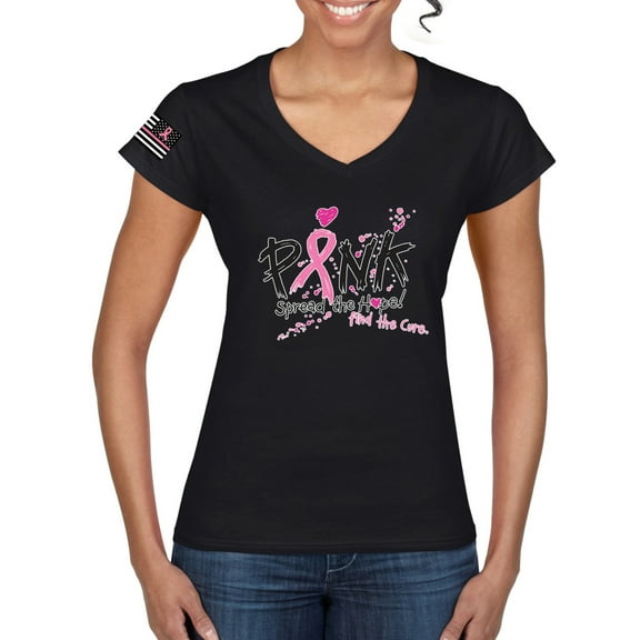 Wild Bobby Ribbon Pink Spread the Hope Find the Cure USA Flag Sleeve Breast Cancer Awareness Women Standard V-Neck Tee, Black, Small