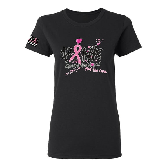 Wild Bobby Ribbon Pink Spread the Hope Find the Cure USA Flag Sleeve Breast Cancer Awareness Women Tee, Black, Medium