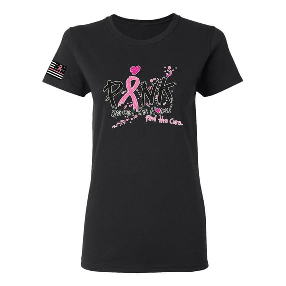 Wild Bobby Ribbon Pink Spread the Hope Find the Cure USA Flag Sleeve Breast Cancer Awareness Women Tee, Black, Small