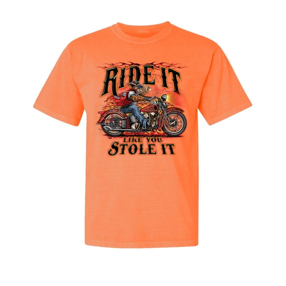 Wild Bobby, Ride It Stole It Biker, Cars and Trucks, Garment-Dyed Washed Look Short Sleeve Tee, Neon Orange, Small