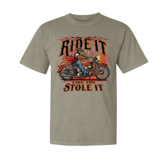 Wild Bobby, Ride It Stole It Biker, Cars and Trucks, Garment-Dyed Washed Look Short Sleeve Tee, Sand, Large