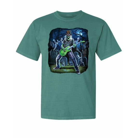 Wild Bobby, Rocking Out Skeleton Playing Guitar, Streetwear, Garment-Dyed Washed Look Short Sleeve T-Shirt, Emerald, Medium