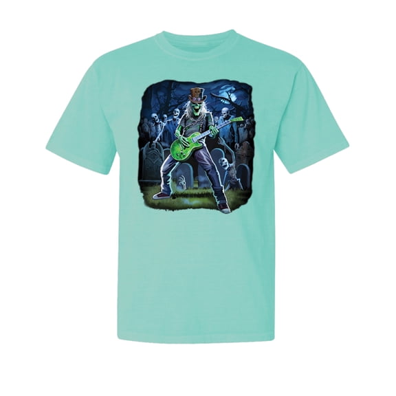 Wild Bobby, Rocking Out Skeleton Playing Guitar, Streetwear, Garment-Dyed Washed Look Short Sleeve T-Shirt, Mint, Large