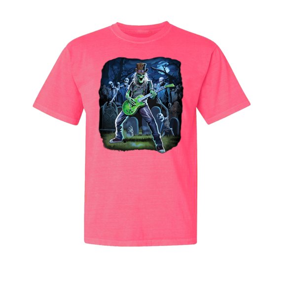 Wild Bobby, Rocking Out Skeleton Playing Guitar, Streetwear, Garment-Dyed Washed Look Short Sleeve T-Shirt, Neon Pink, Medium