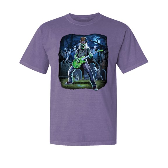 Wild Bobby, Rocking Out Skeleton Playing Guitar, Streetwear, Garment-Dyed Washed Look Short Sleeve T-Shirt, Purple, Large